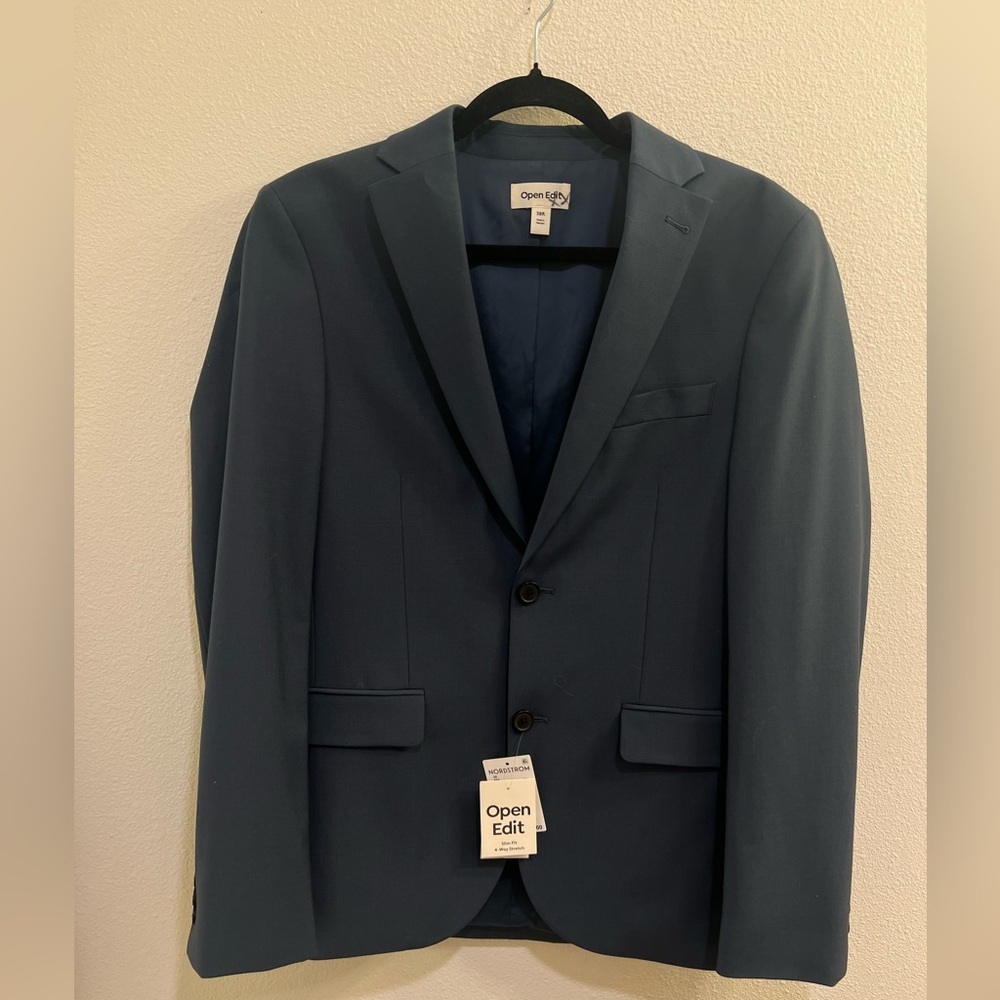 NWT Open Edit Blue Solid 4 Way Stretch Slim Fit Blazer Jacket Size 38R